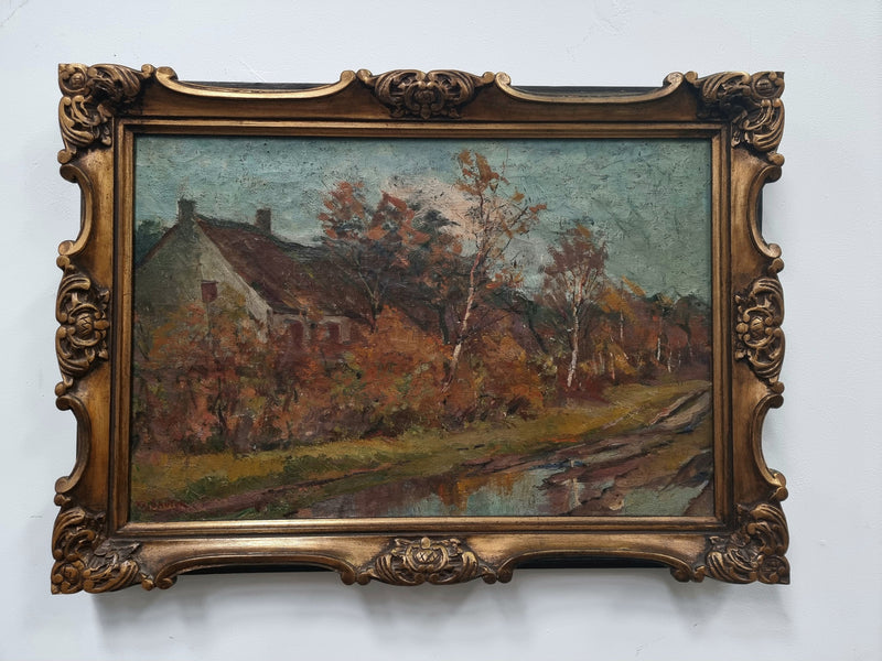 French signed country scene oil on canvas in a lovely decorative frame. In good original condition.