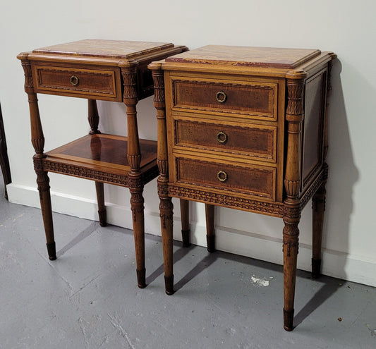 Impressive Pair Henry II Style Walnut bedsides. Beautiful red onyx marble tops and fine carving decoration. One is open style with one drawer and shelf whilst the other has three drawers. Fully restored condition.
