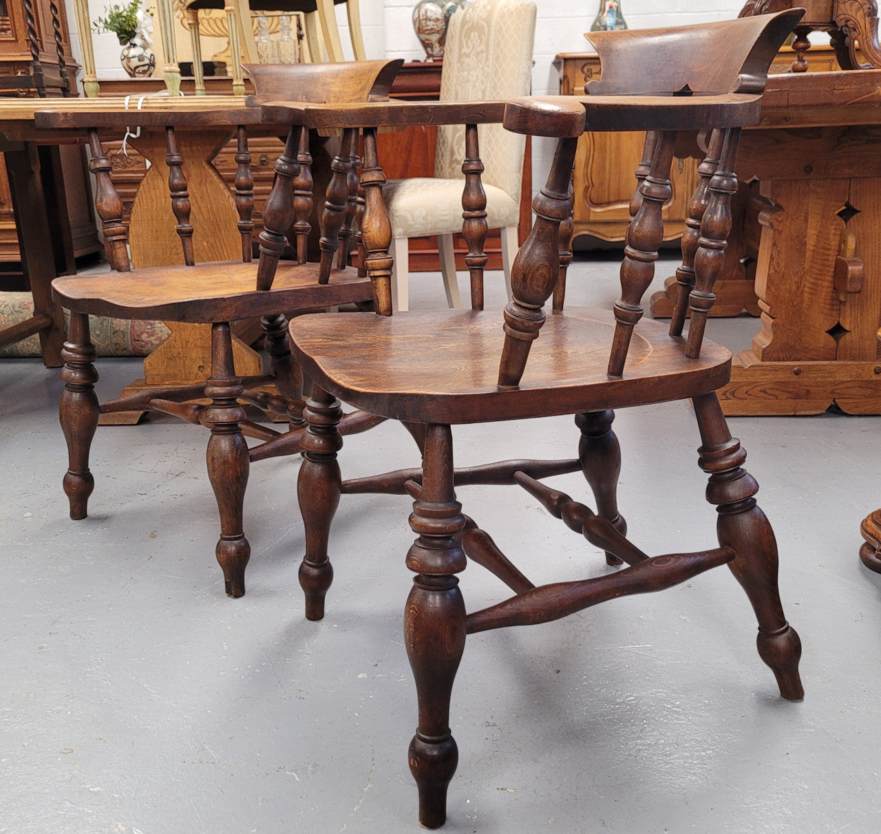 Just landed from France we have four amazing Victorian bow back chairs traditionally called a "smokers chair". They have been constructed from beautiful solid Elm wood and are very comfortable to sit in. All four are in good original detailed condition and are being sold individually for $550.00 each. Please contact us know if you would like more photos or information.