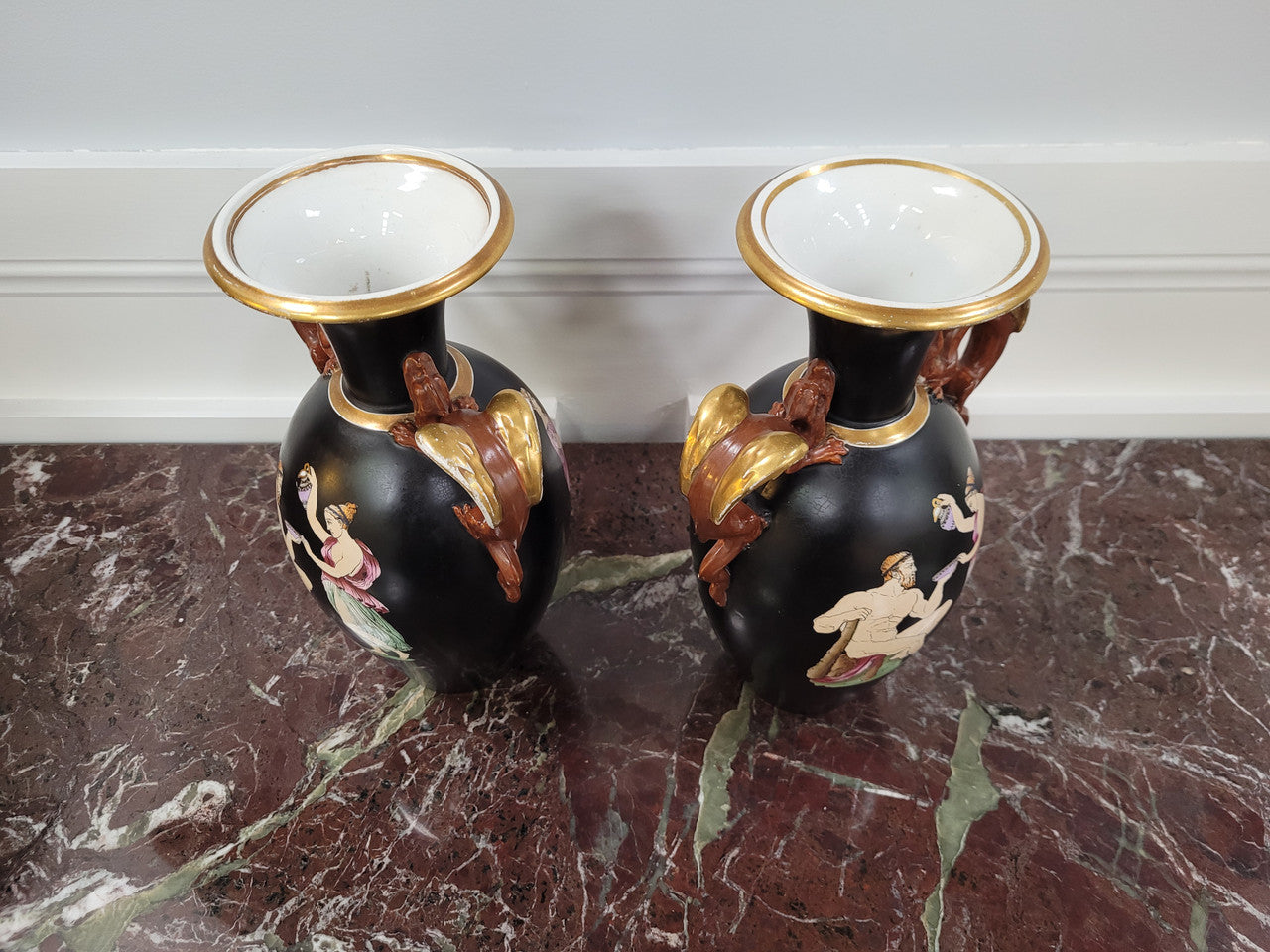 Pair Antique 19th century Paris porcelain Grecian style vases. Please view photos as they help form part of the description.