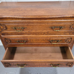 French Louis XV style Oak three drawer chest with wooden top. It has been sourced from France and is in good original detailed condition.