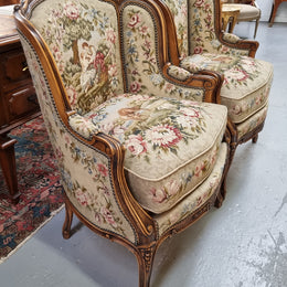 Pair of amazing French Walnut tapestry covered armchairs. The tapestry is in very good condition, please view photos as they form part of the description. Sourced from France and is in good original detailed condition.