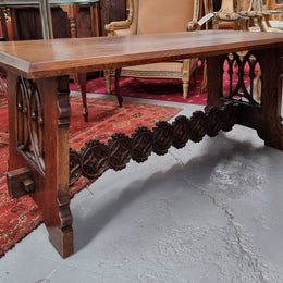 Sourced from France is this beautiful French Oak Gothic style coffee table with lovely carved details. It is in good original detailed condition.