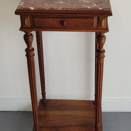 Louis XVI style Walnut lamp/side table with drawer and marble top. In good original detailed condition.