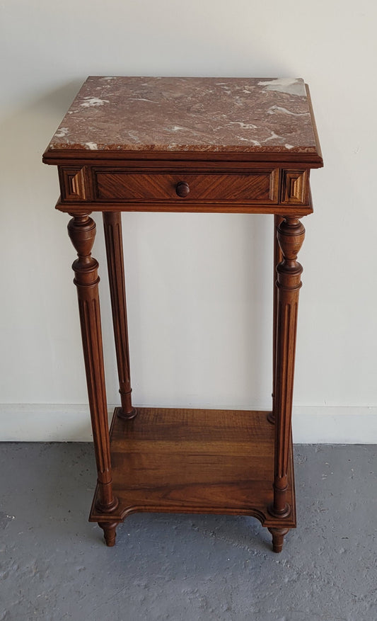 Louis XVI style Walnut lamp/side table with drawer and marble top. In good original detailed condition.