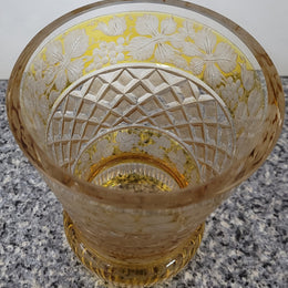 Antique Amber Bohemian acid etched and wheel engraved crystal vase. It has a stunning frieze of vine branches and a star cut base. It is in good original condition, please view photos as they help form part of the description.