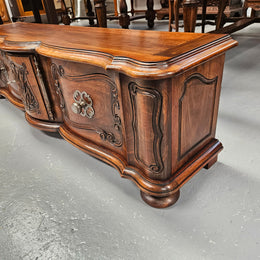 Appealing French Louis XVth style walnut converted TV unit.  Central carved  door & 2 Sliding Cupboards. In good condition.