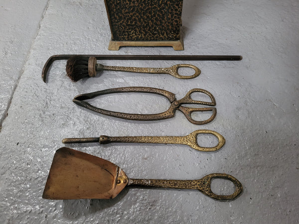 Art Nouveau five piece fire tool set in decorative box. All tools are in original good used condition, please view photos as they help form part of the description.