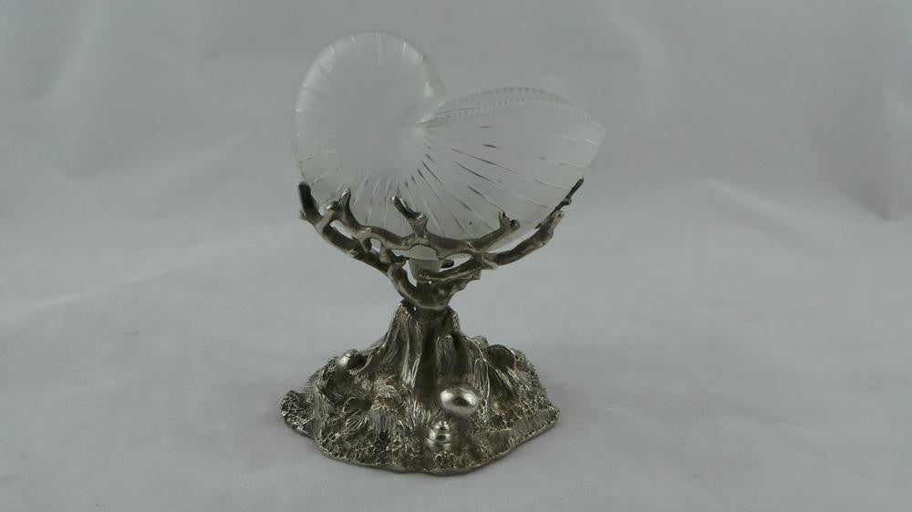 Victorian Etched Shell Glass Salts on Silver Stand