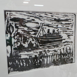 Original Linocut Of Ship At Sea