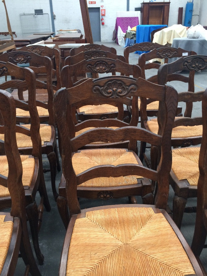 Set 12 Carved French Oak Rush Seat Dining Chairs