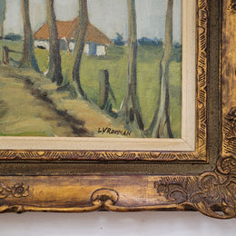 Impressionist style oil painting on canvas and on board of a farm scene. In an ornate gilt frame and in good original detailed condition.