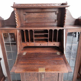 Oak Tudor Style Secretaire Bookcase With Leadlight Doors
