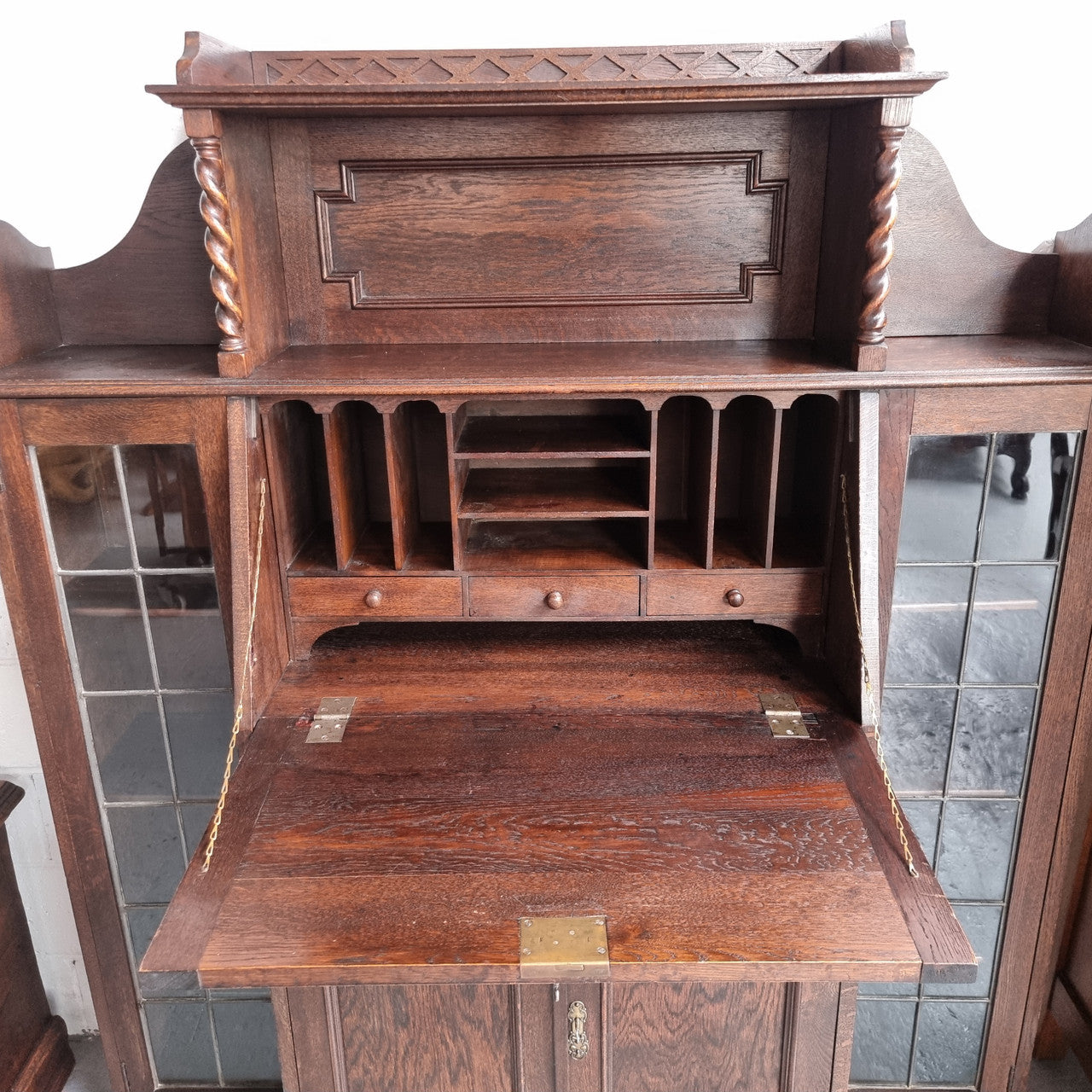 Oak Tudor Style Secretaire Bookcase With Leadlight Doors