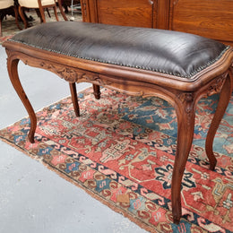 Impressive French Louis 15th style walnut upholstered duet leather stool. Very Good Condition.  Circa: 1930’s, sourced in France.