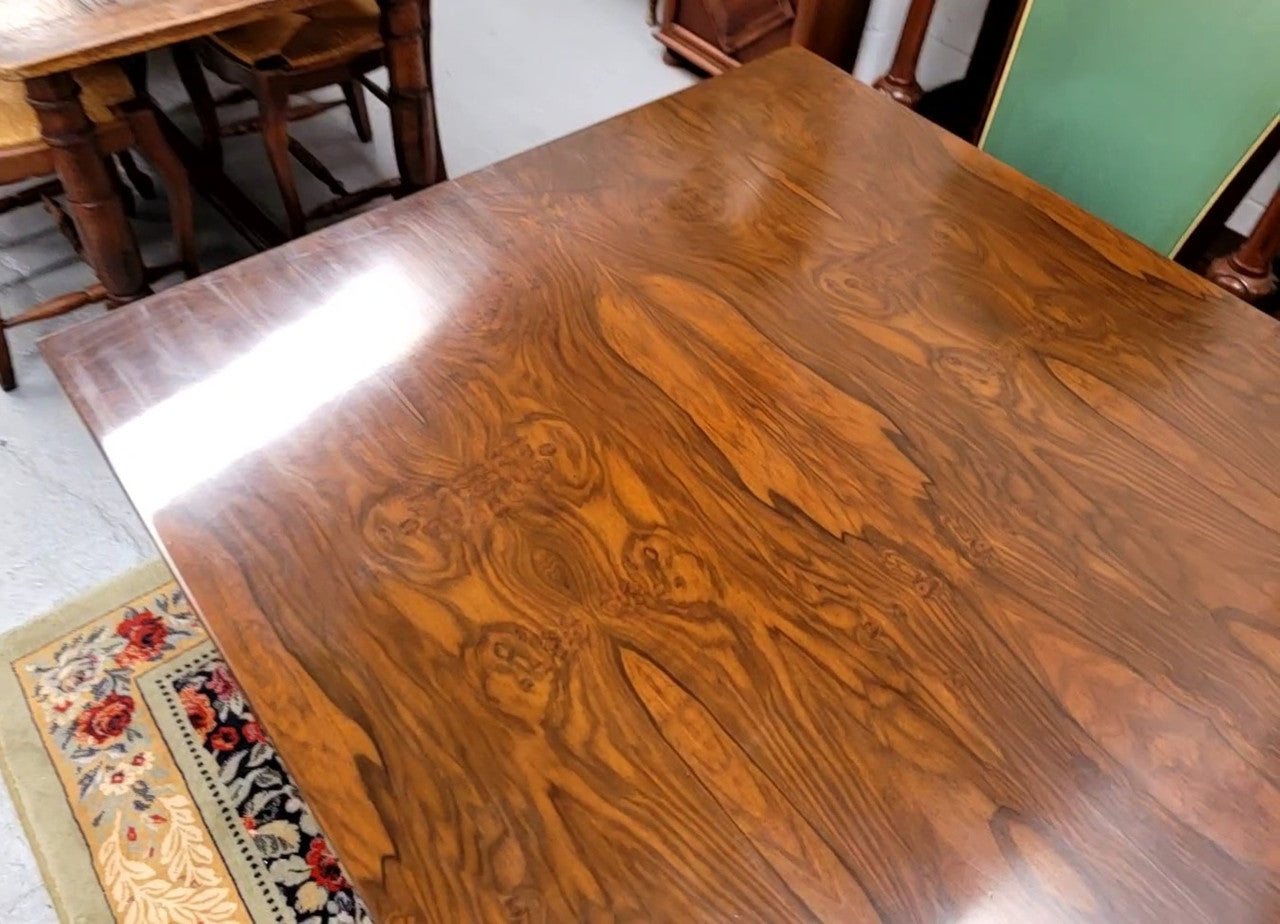 French Art Deco Figured Walnut dining table and six chairs. This stylish table also comes with a glass top and can be used with or without it. The chairs are very comfortable and the table can also fit another two chairs at either end making it a 6-8 seater. The table is in good original detailed condition with character marks to the top of table as shown in the pictures. This table and six chairs have been sourced locally.