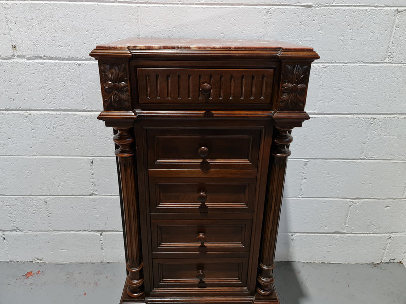 French Walnut Henry 2nd style three drawer one cupboard single side cabinet with rouge marble top. Circa: 1890. In Good original detailed condition.