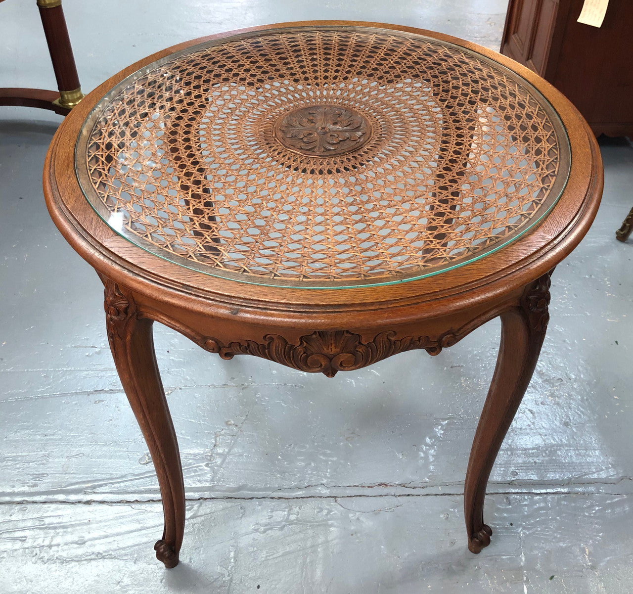 French Carved & Cane Round Table With A Glass Top | Antique & Vintage | Moonee Ponds Antiques | Australia Wide Delivery