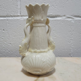 Vintage Belleek Double Handled Fish Vase.  Scalloped shell pattern on base & delicate fish handles. Brown Mark 1980 – 1933.