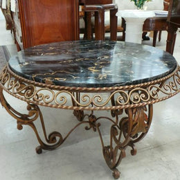French Art Deco Portoro Marble Top Wrought Iron Coffee Table