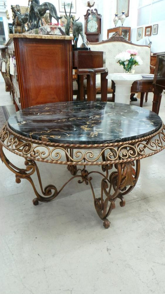 French Art Deco Portoro Marble Top Wrought Iron Coffee Table
