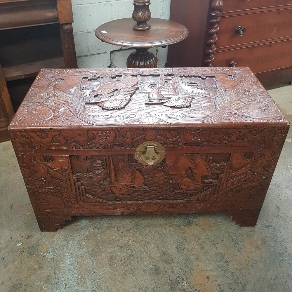 Carved Boat Scene Camphor Wooden Trunk | Antique & Vintage | Moonee Ponds Antiques | Australia Wide Delivery