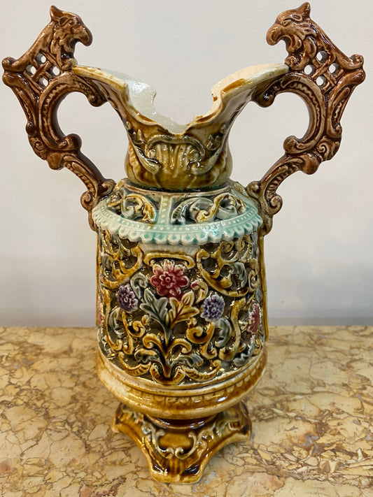 Victorian Majolica Glazed Double Handled Dragons Vase