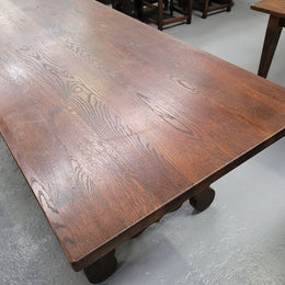 Spanish style French Oak farmhouse table with ironwork underneath. It is in good original detailed condition and has been sourced from France.