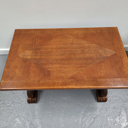 French Oak Spanish style stretcher base coffee table. Sourced From France and is in very good original detailed condition.