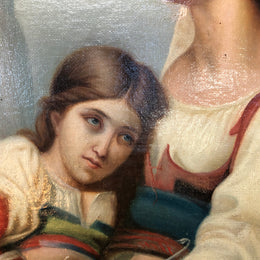 Sourced in France is this beautiful oil painting on canvas on a restored board of a lady and child. Framed in a thick decorative gilt frame. Signed and in good condition.