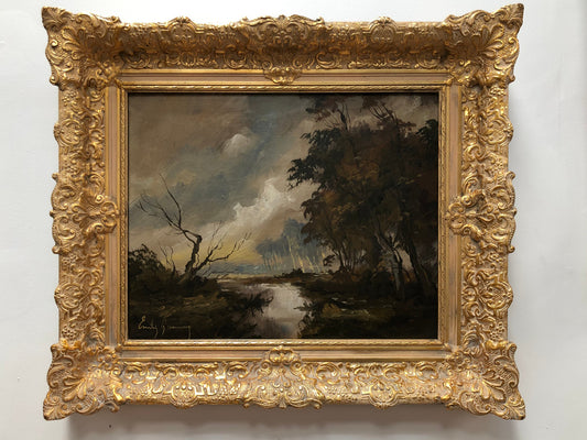 French gilt framed "River Landscape" oil on canvas. Signed. Crica 1950's.