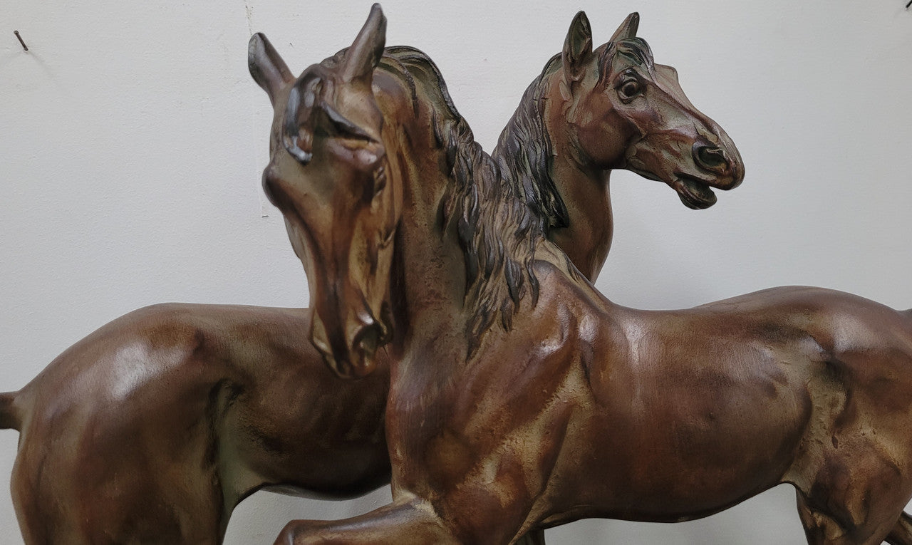 Art Deco Patinated Bronze French Spelter Horses on Marble Base | Antique & Vintage | Moonee Ponds Antiques | Australia Wide Delivery