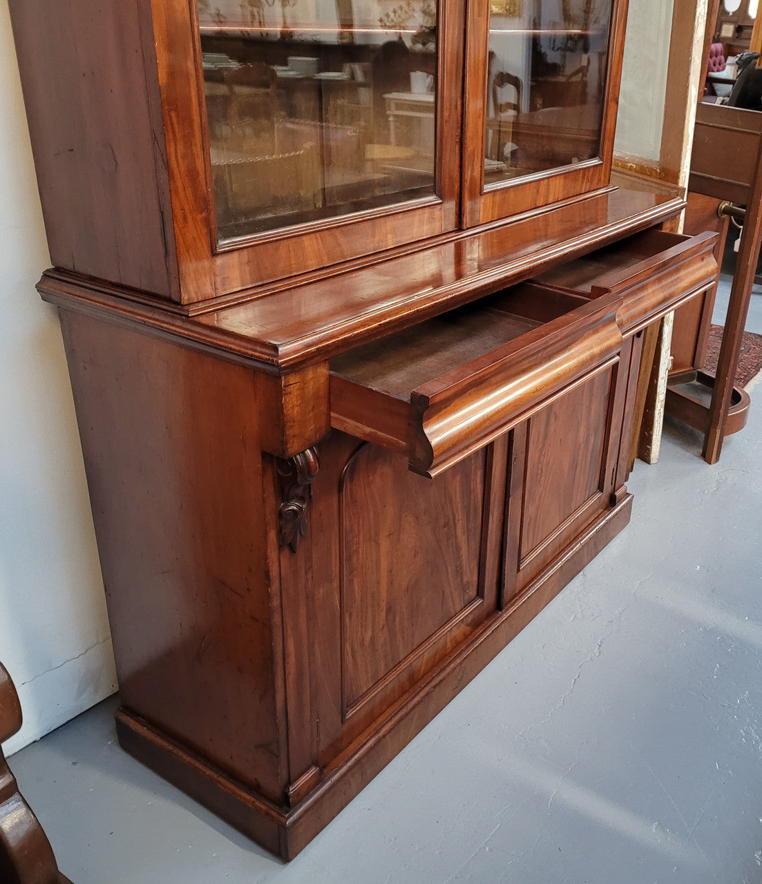 Early Victorian Large Flame Mahogany Bookcase | Antique & Vintage | Moonee Ponds Antiques | Australia Wide Delivery
