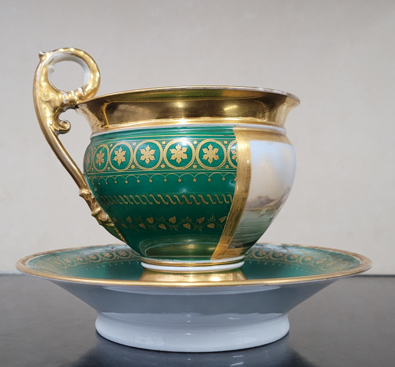 “Old Paris Porcelain” Large Cup & Saucer with Hand Painted River Landscape
