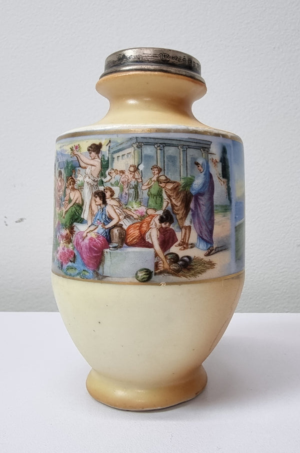 Antique silver top vase with interesting scenes. Please view photos as they form part of the description. In good original condition.