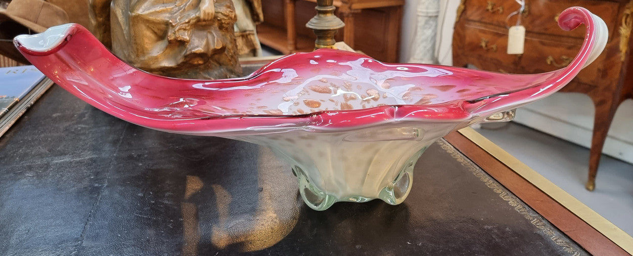 Vintage “Murano” glass centrepiece to grace any space in your home. White glass overlaid with pink and featuring bronze adventure pieces, absolutely stunning.