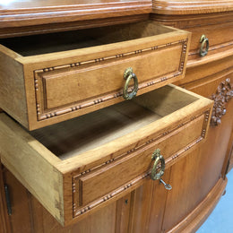 French Oak parquetry top sideboard with a glass top section for displaying and three cupboards and drawers for all your storage needs. Lovely carved details and is in good original detailed condition.