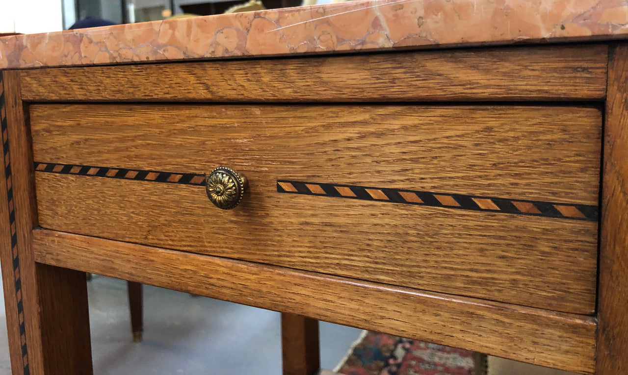 Beautiful Pair of French Oak Inlaid Marble Top Bedside Cabinets | Antique & Vintage | Moonee Ponds Antiques | Australia Wide Delivery