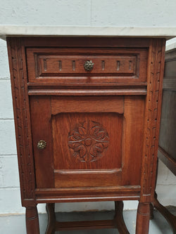 French Pair Of Oak White Marble Top Bedside Cabinets | Antique & Vintage | Moonee Ponds Antiques | Australia Wide Delivery