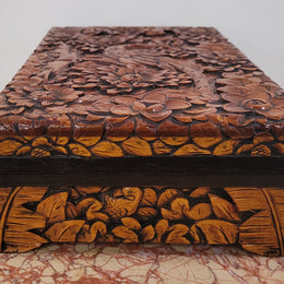 Vintage unusual Camphor Wood valet fitted jewelry box with nicely carved phoenix on the top. It is in good original detailed condition.