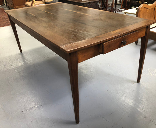 French Elm & Oak Farmhouse Table With Tapered Legs & Drawers