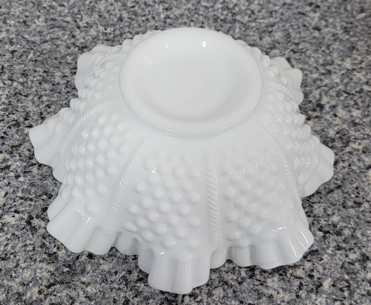 Charming frilled edge “Fenton” milk glass bowl. It is in good original condition, please view photos as they help form part of the description.