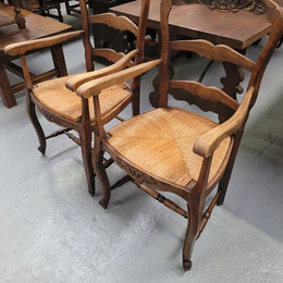 Pair Louis XV Style Oak Rush Seated Carver Chairs