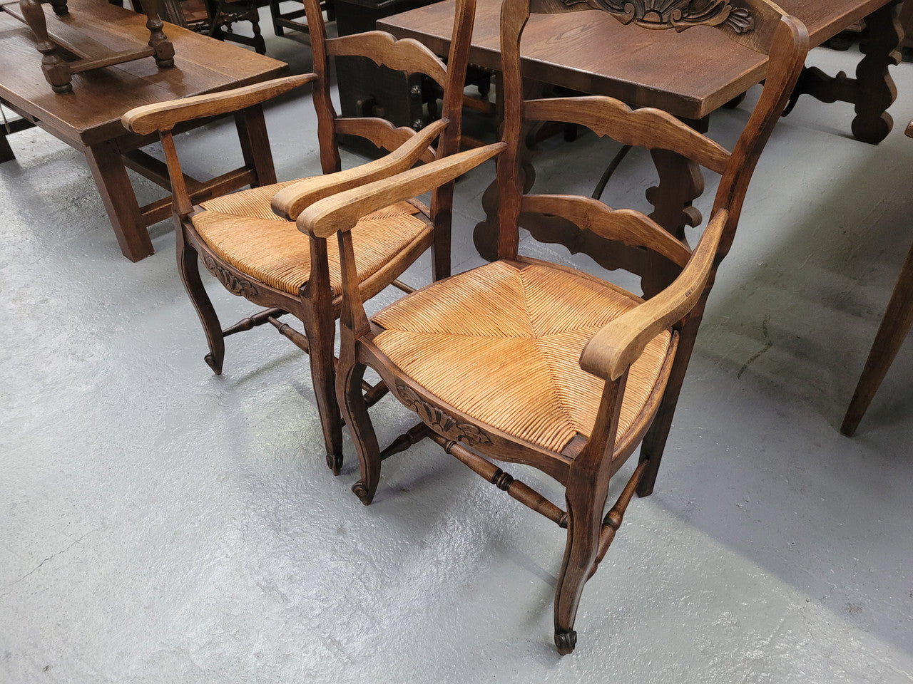 Pair Louis XV Style Oak Rush Seated Carver Chairs