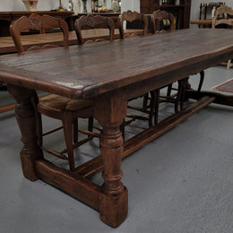 Amazing 2.65 meter French Elm Refectory dining table with loads of rustic charm. This table has been sourced from France and can comfortably seat ten people. It is in good original detailed condition.