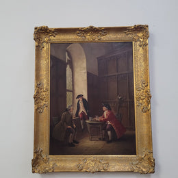 An engaging gilt framed signed oil on canvas of a "French Interior Scene". It has been sourced from France and is in good original detailed condition.
