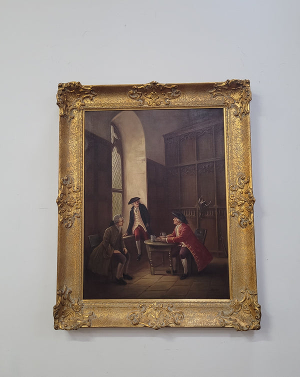 An engaging gilt framed signed oil on canvas of a "French Interior Scene". It has been sourced from France and is in good original detailed condition.