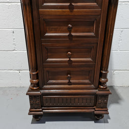French Walnut Henry 2nd style three drawer one cupboard single side cabinet with rouge marble top. Circa: 1890. In Good original detailed condition.