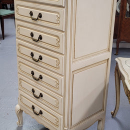 Vintage French Louis 15th Style original painted seven drawer semainier of pleasing narrow proportions with panelled sides. They have been sourced from France and are in good original condition.