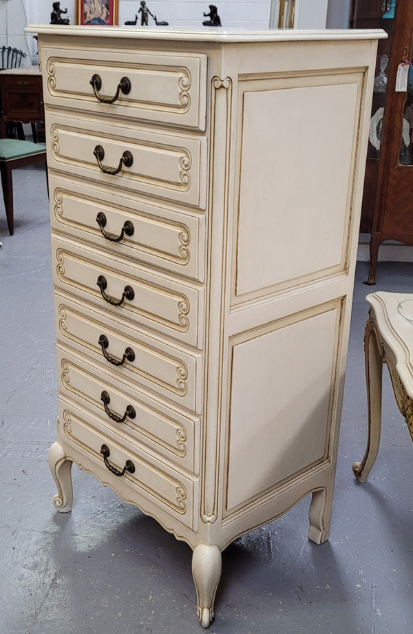 Vintage French Louis 15th Style original painted seven drawer semainier of pleasing narrow proportions with panelled sides. They have been sourced from France and are in good original condition.